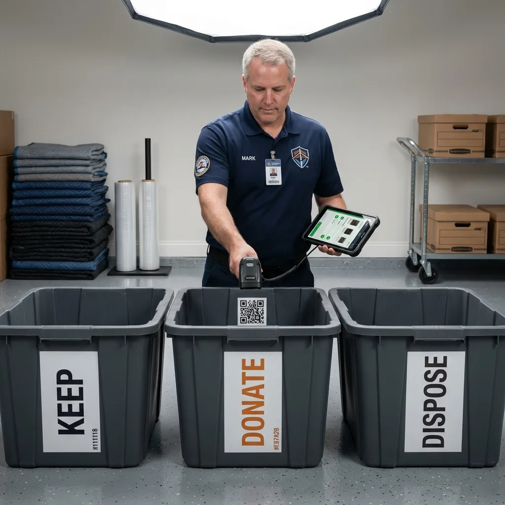 Three heavy-duty moving totes lined up in a garage labeled KEEP, DONATE, DISPOSE. Crew member scanning QR code on DONATE tote.