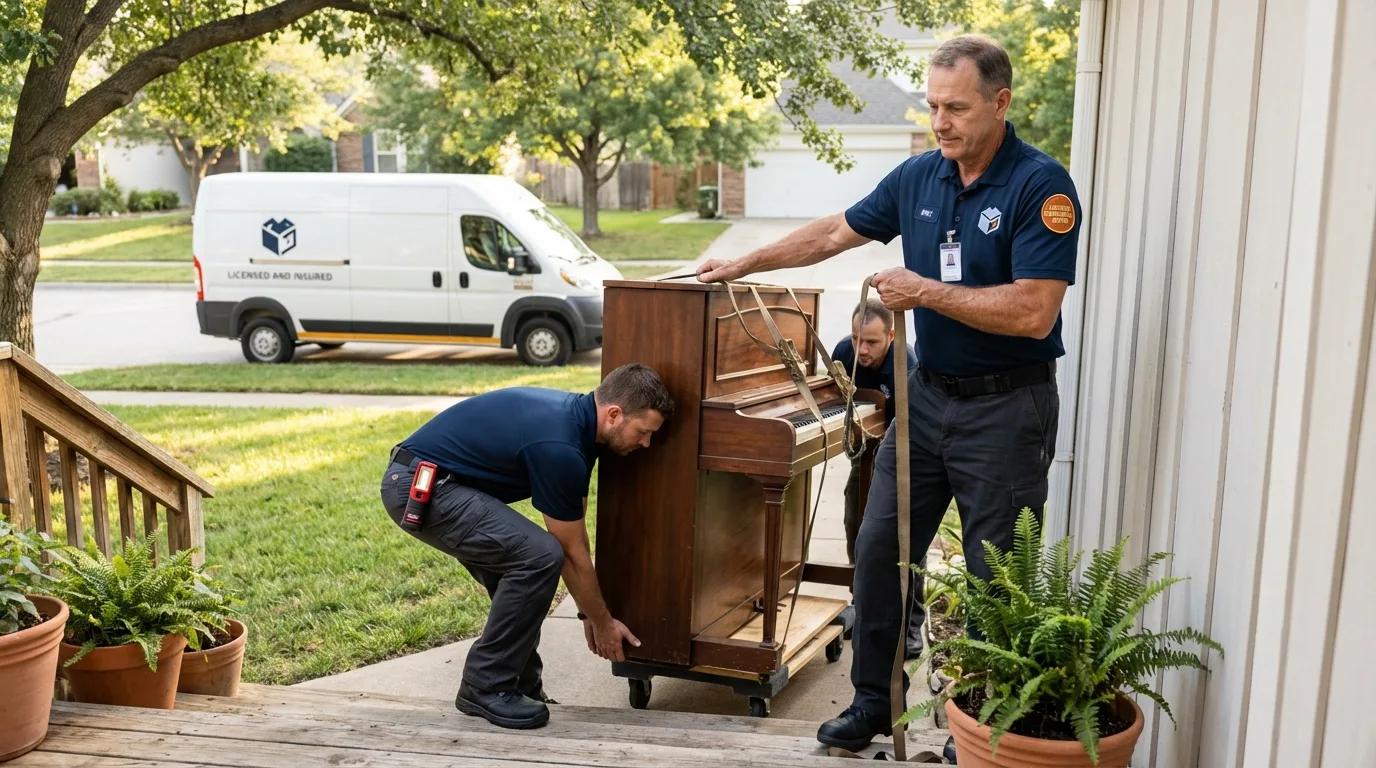 Licensed piano movers securing grand piano in Harrisburg, PA