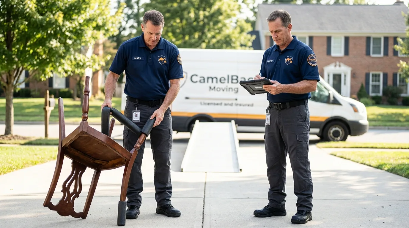 Movers inspecting furniture for damage prevention before loading in Harrisburg, PA