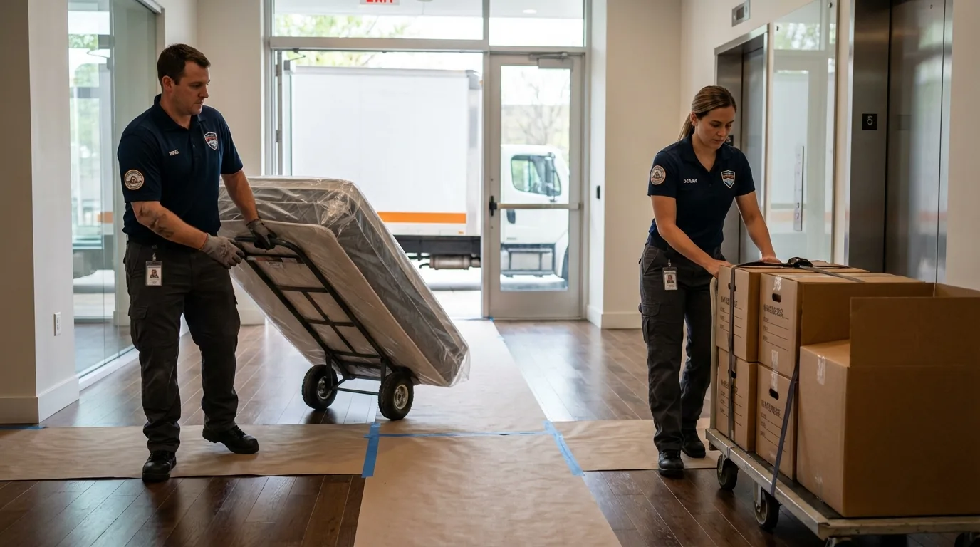 Professional apartment movers loading elevator in Harrisburg, PA