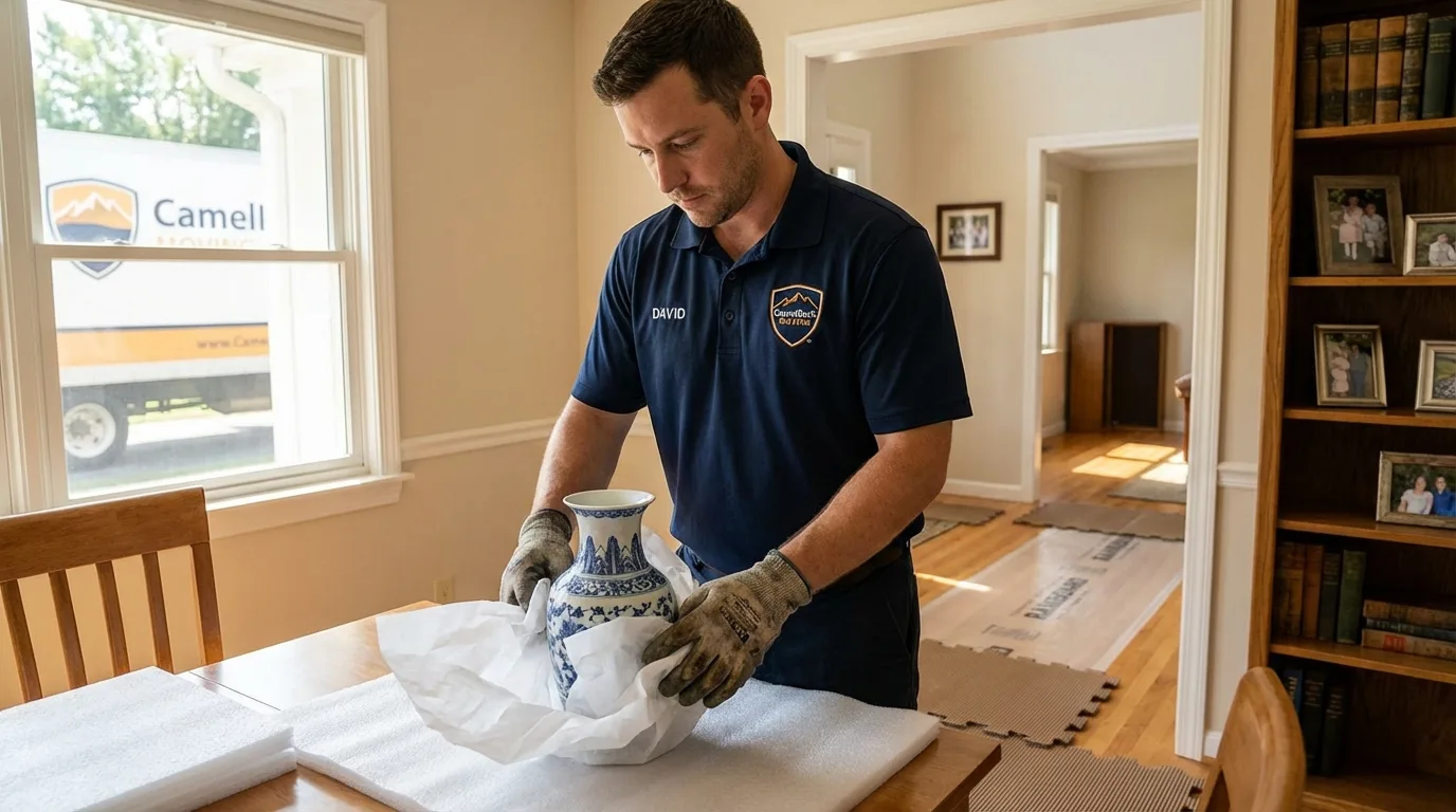 Professional crew carefully wrapping antique vase for senior downsizing move in Harrisburg, PA